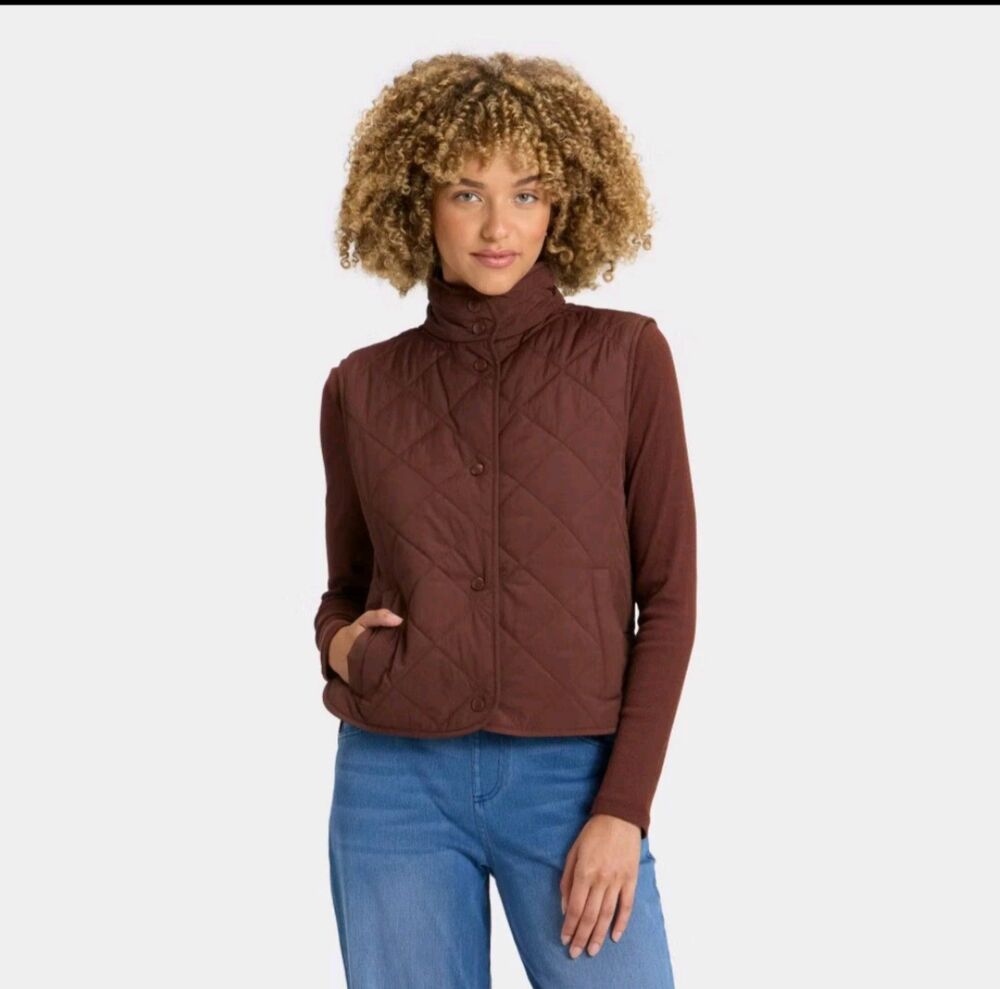 Women's A New Day Snap Button Quilted Vest Brown XS